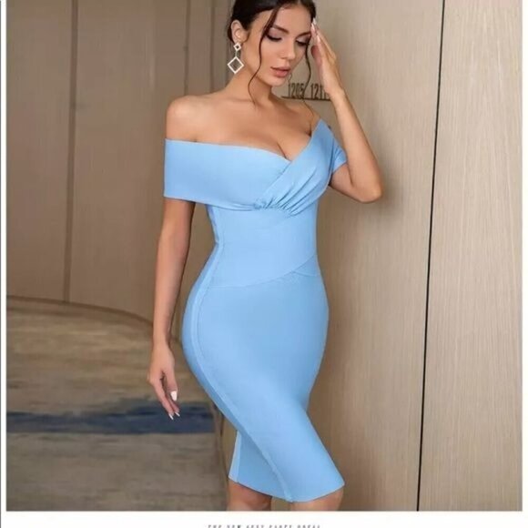 Blue Off Shoulder Bodycon Bandage Dress for event M - Picture 3 of 7